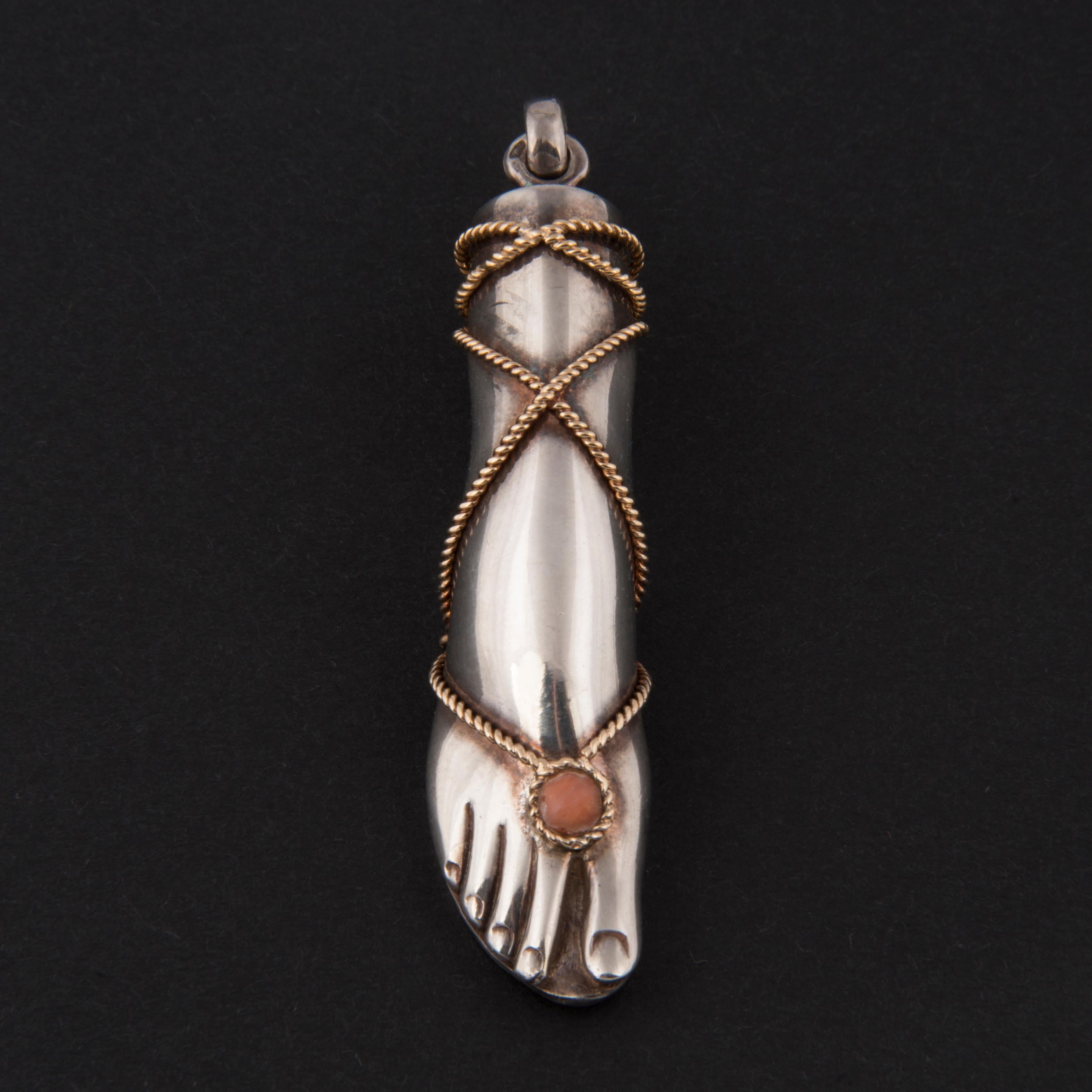 Fred Silver and 18k Yellow Gold Foot Pendant For Sale 2