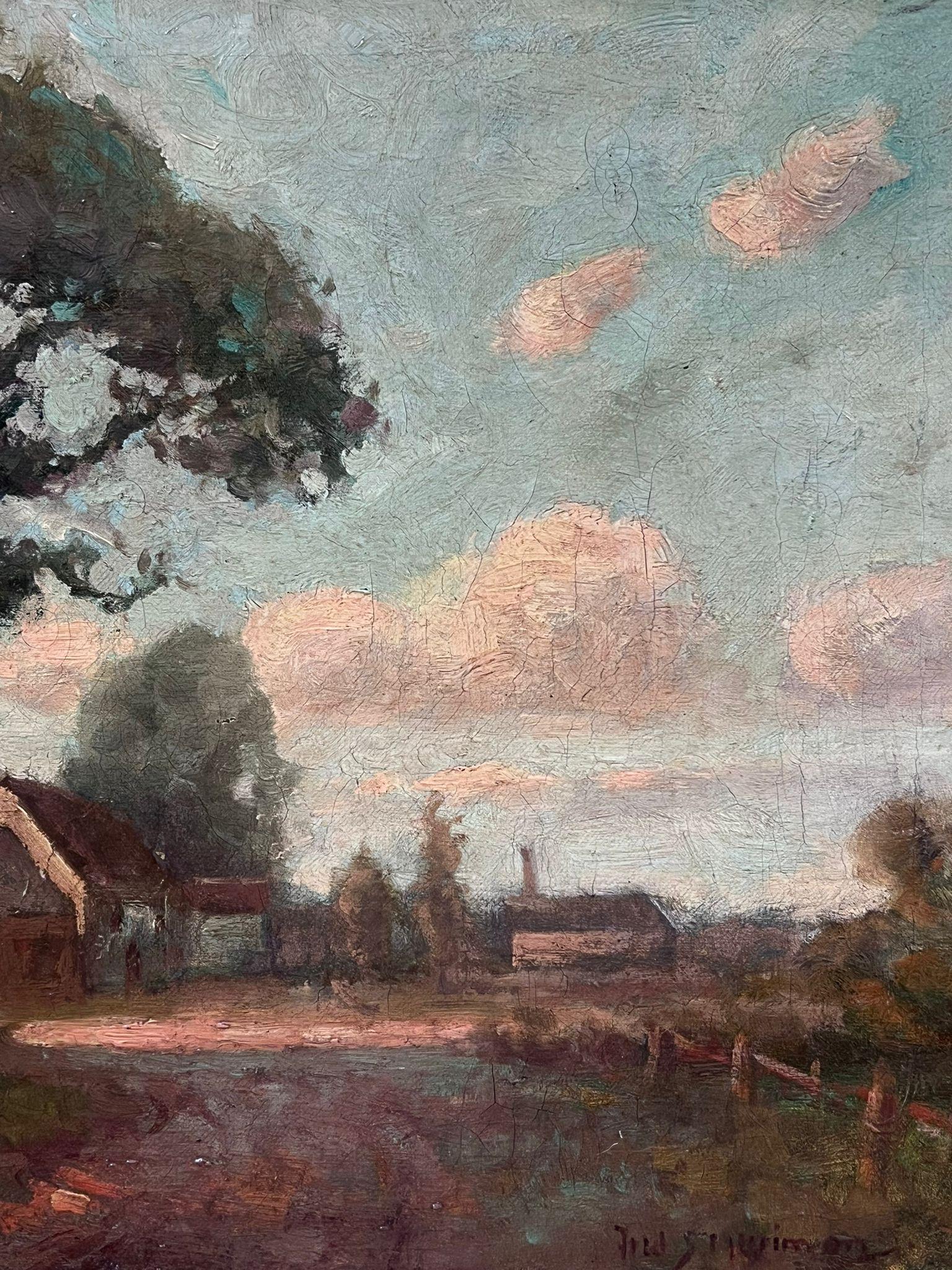Ancienne peinture à l'huile English Impressionist The Ferry Boat Inn at Wilford - Marron Landscape Painting par FRED SOLLWAY MERRIMAN 