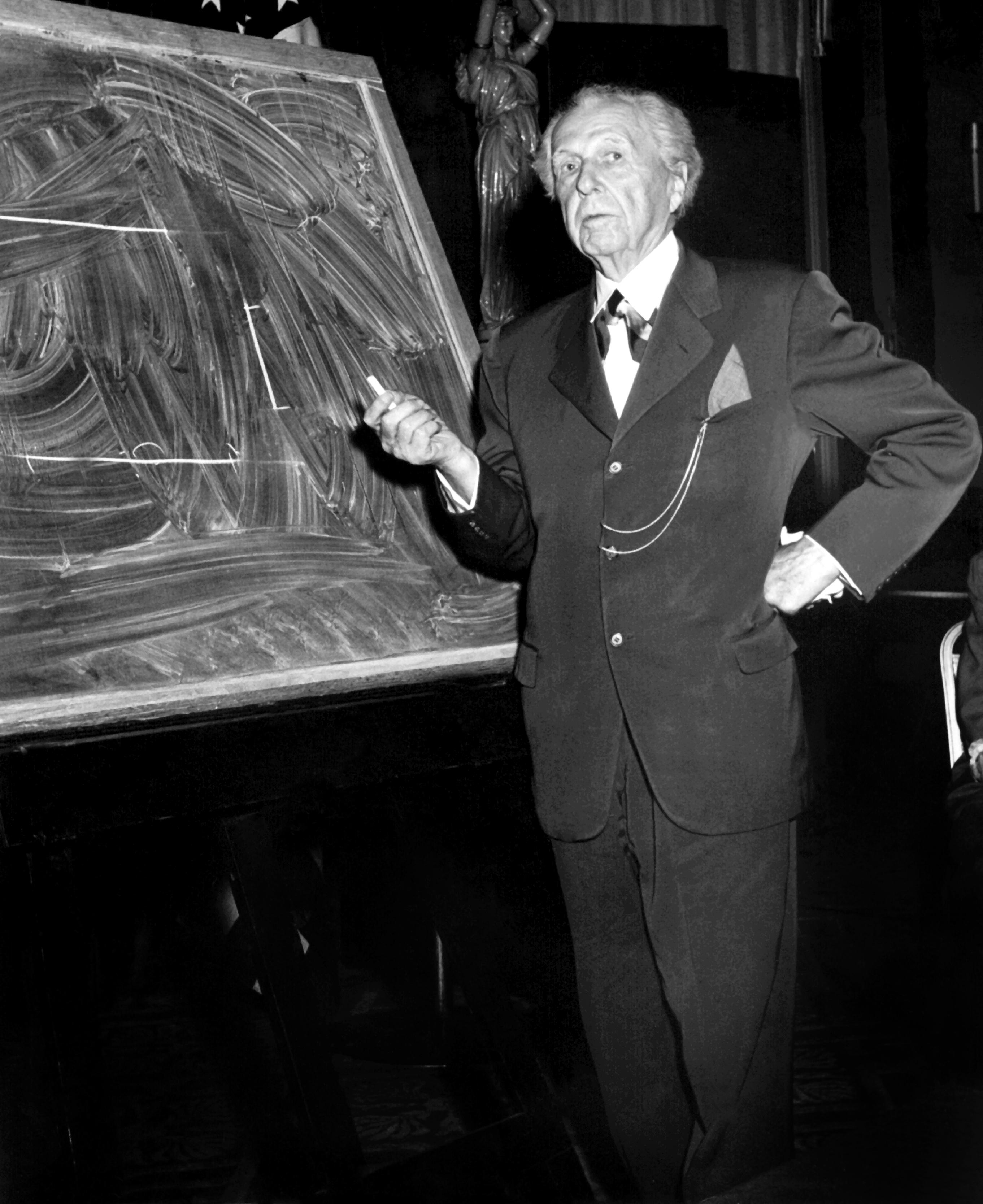 Fred Stein Black and White Photograph - Frank Lloyd Wright with Chalkboard Globe Photos Fine Art Print