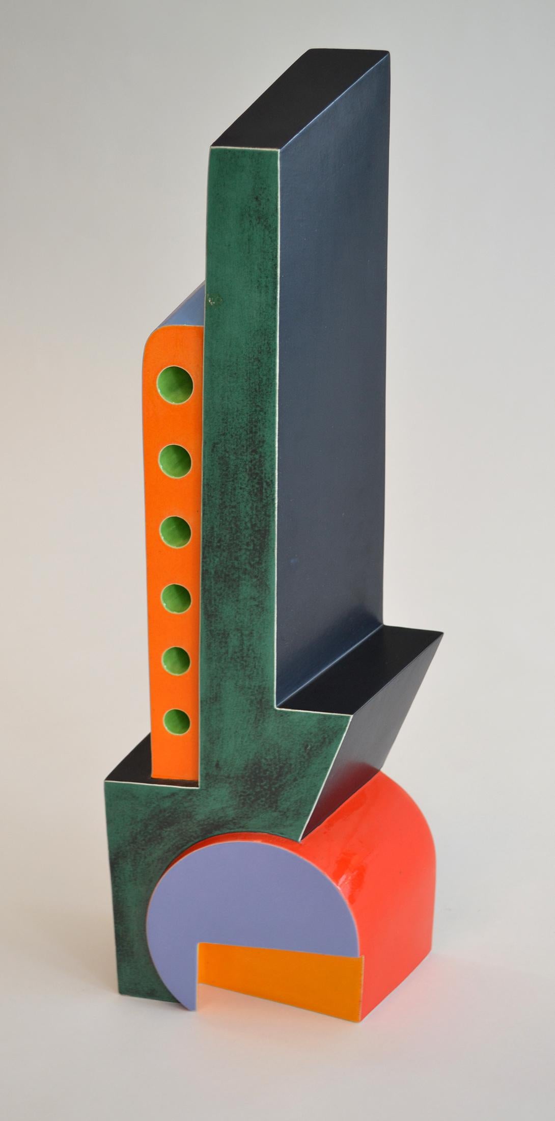 Fred Stodder (b. 1957) modern skyscraper ceramic sculpture, 1990 Architectural Art Deco, style, bright, vivid painted and glazed ceramic, signed, dated '1990' original gallery price tag, Laguna, CA

