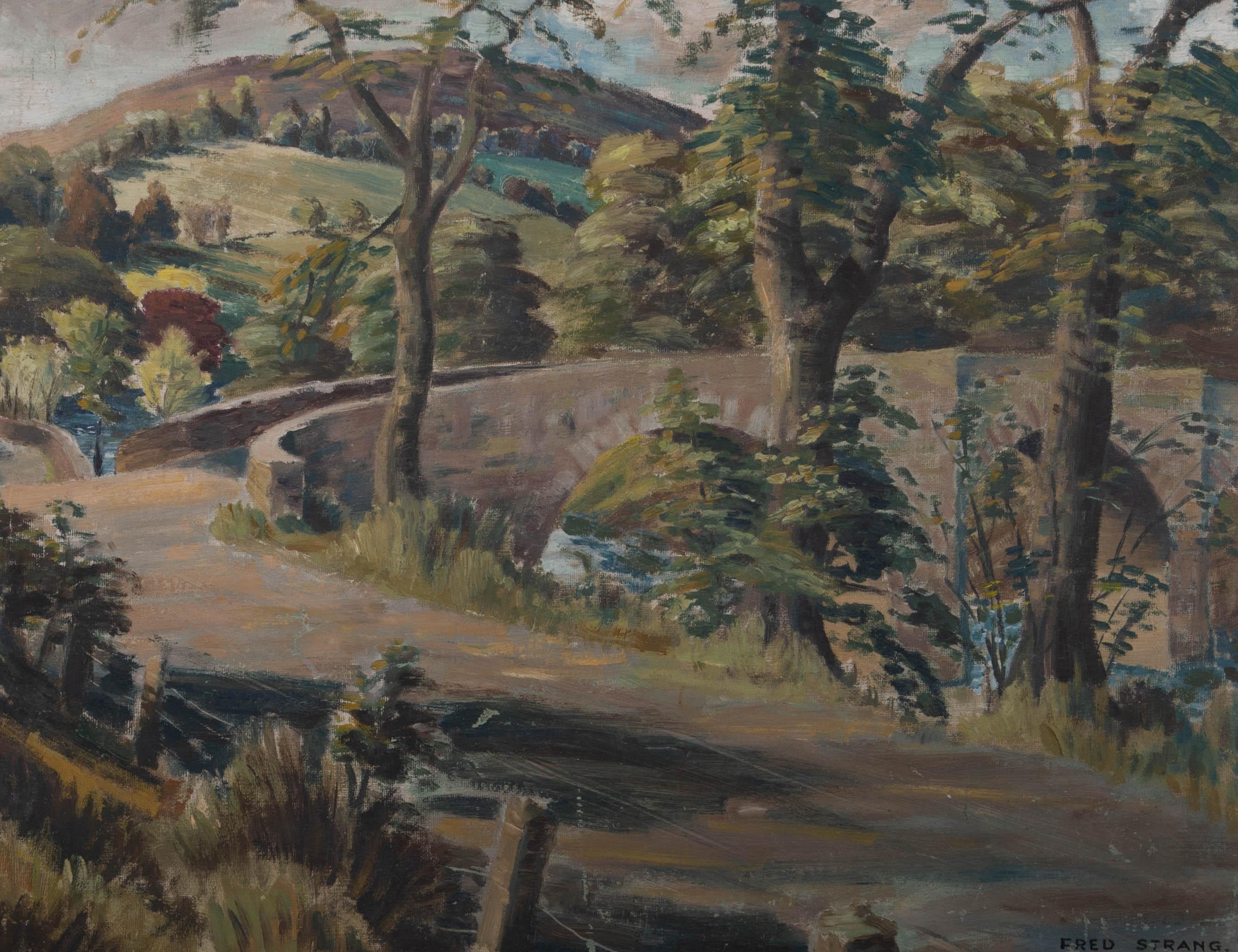 A rustic and rural oil landscape showing the Yair Bridge. The Yair Bridge or Fairnilee Bridge is a bridge across the River Tweed at Yair, near Galashiels in the Scottish Borders. The artist has captured the rolling hills of the Scottish borders