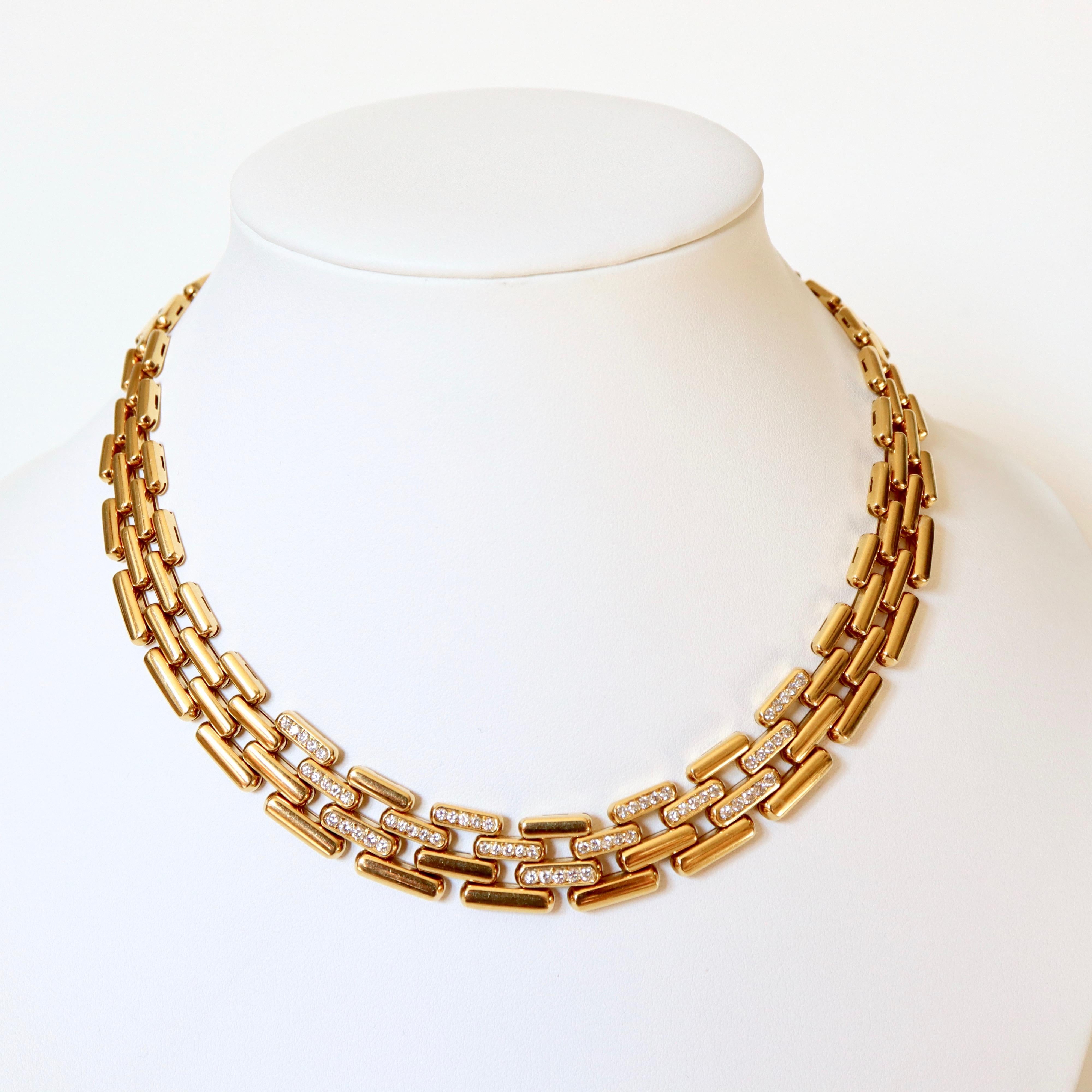 FRED Tank (Panther) articulated Mesh Necklace in 18-Carat yellow Gold and Diamonds of which 13 Links are Paved with 5 Diamonds for a Weight of Approximately 2.5 Carats.
Signed Fred  
Clasp 
Length: 39 cm 
Width at the Clasp: 0,8 cm and at the Front
