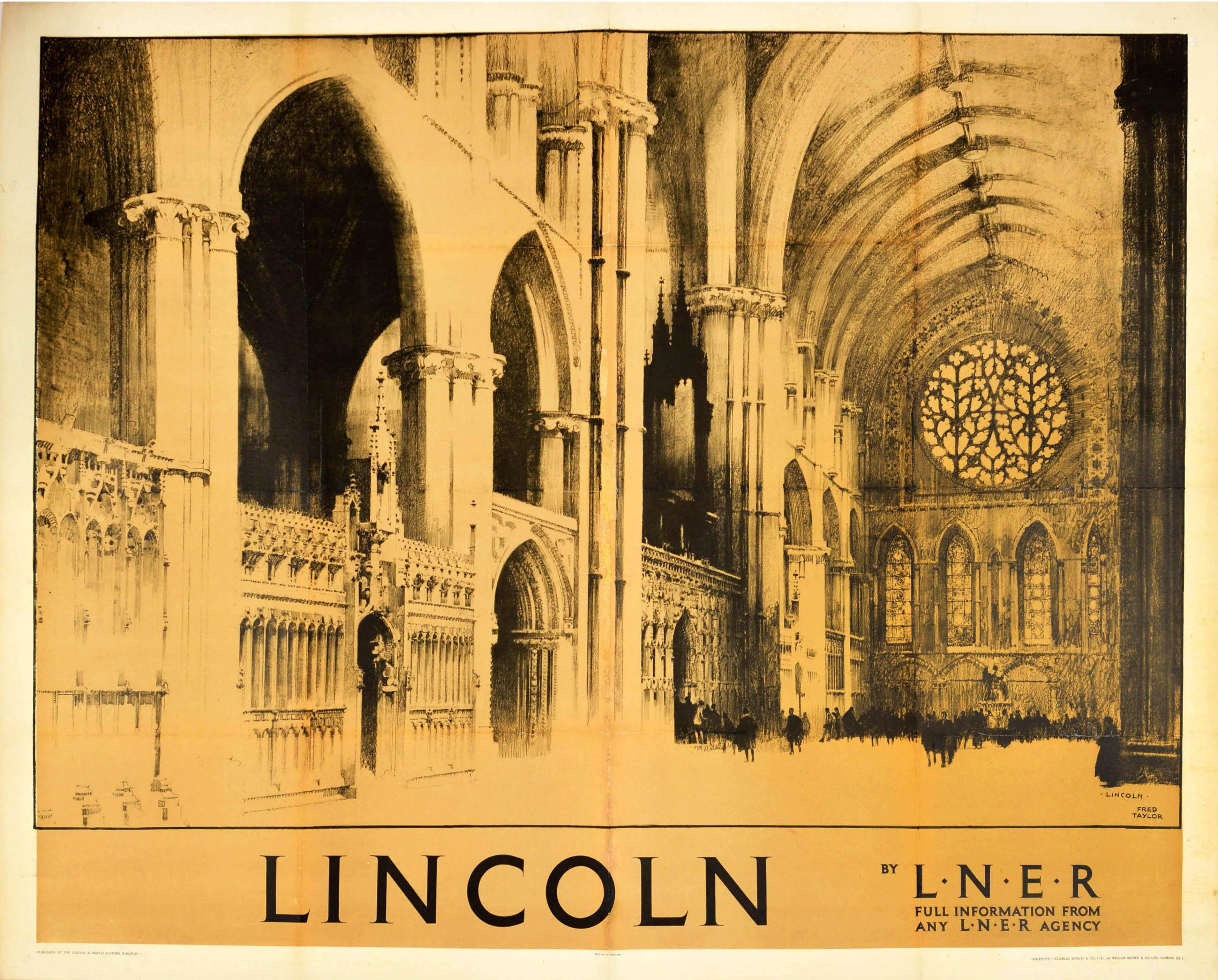 Print Fred Taylor - Affiche vintage d'origine de la LNER Railway représentant la cathédrale de Lincoln et ses fenêtres de fenêtres roses, Voyage