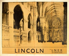 Affiche vintage d'origine de la LNER Railway représentant la cathédrale de Lincoln et ses fenêtres de fenêtres roses, Voyage
