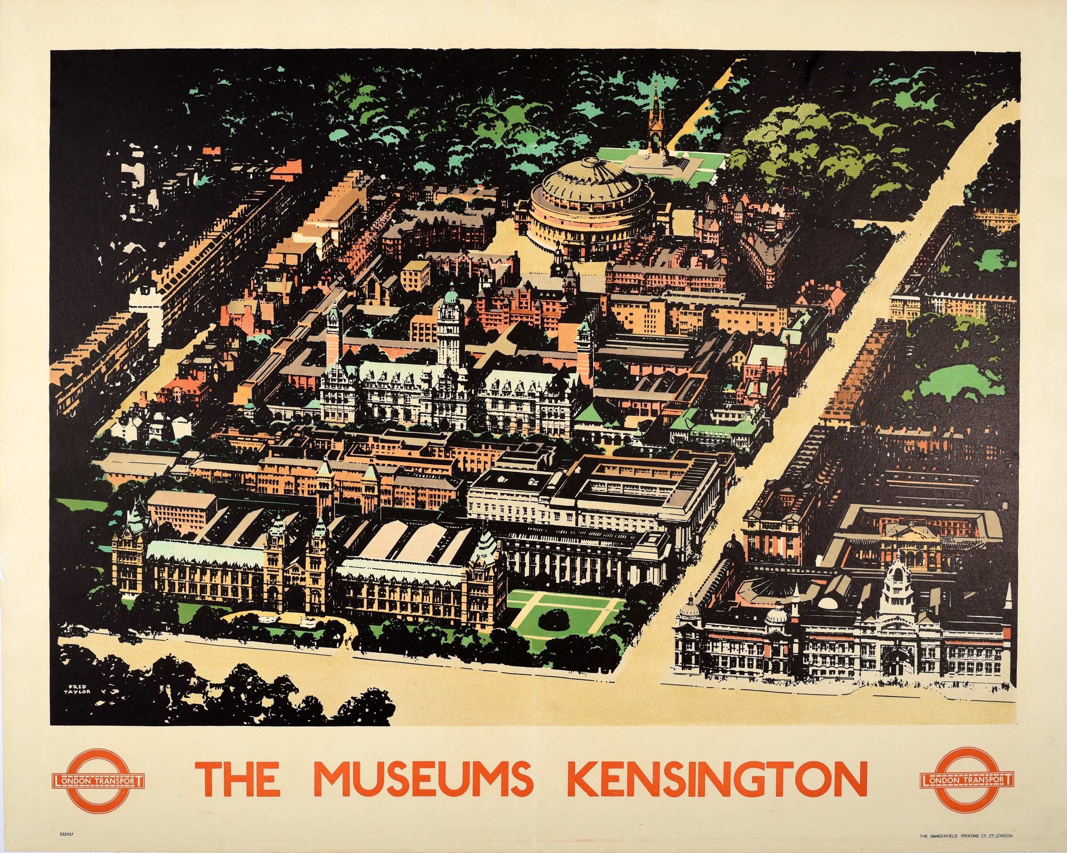 Original vintage London Transport poster - the Museums Kensington - featuring detailed artwork by Fred Taylor (1875-1963) depicting an aerial map view of the V&A Victoria and Albert Museum (founded 1852), the Natural History Museum (founded 1881)