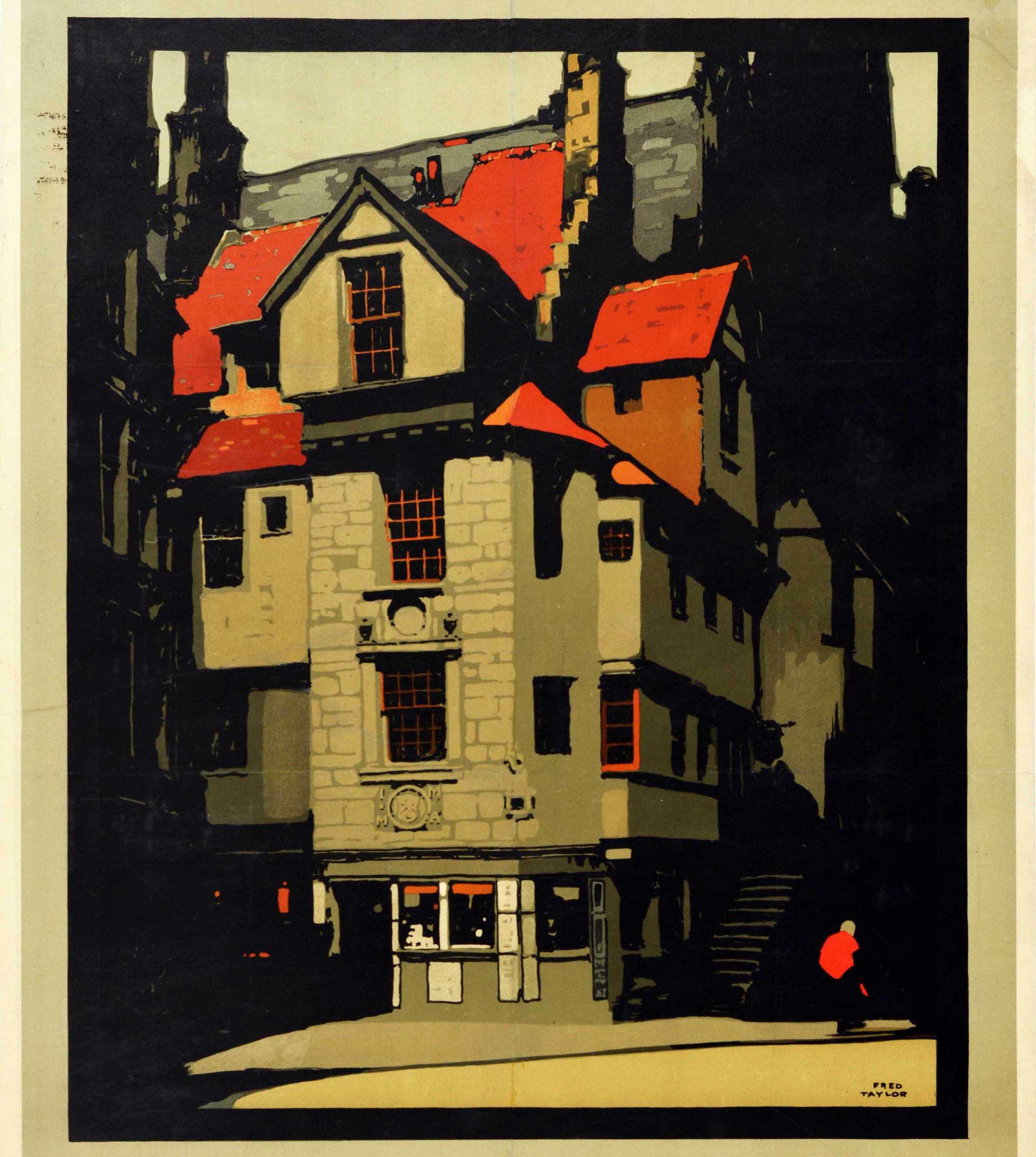 Poster originale d'epoca della LNER che pubblicizza i viaggi in treno per Edimburgo sulla London & North Eastern Railway di Inghilterra e Scozia con una splendida opera d'arte del noto pittore e cartellonista Fred Taylor (1875-1963) che raffigura