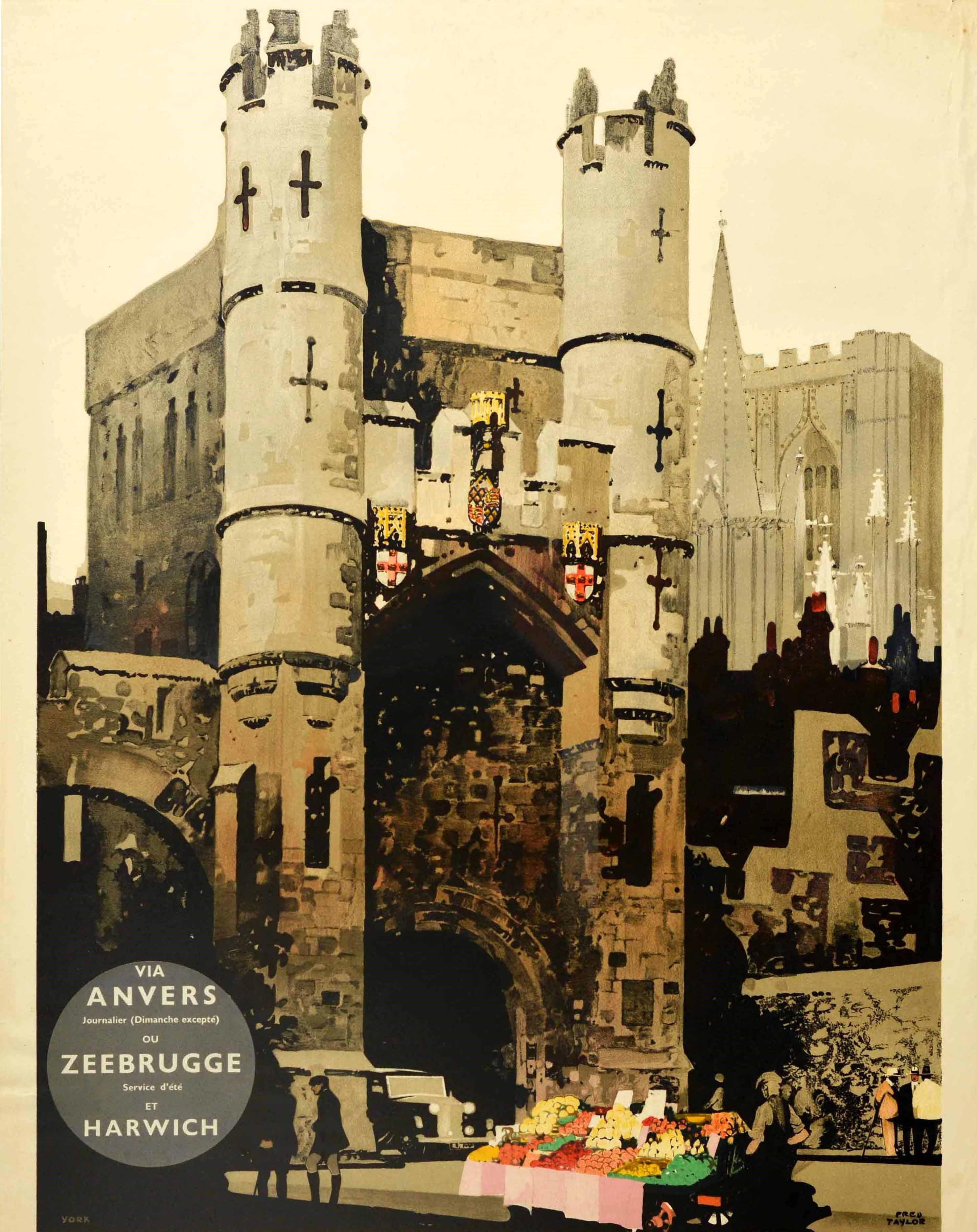 Affiche de voyage vintage originale annonçant la ville cathédrale historique de York sur le London & North Eastern Railway of England and Scotland LNER. Grand dessin intitulé Monk Bar, réalisé par Fred Taylor (1875-1963), représentant une voiture de
