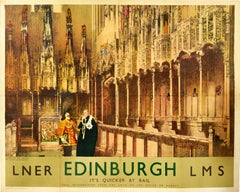 Original Vintage Railway Poster Edinburgh Scotland LNER LMS Cathedral Chapel Art