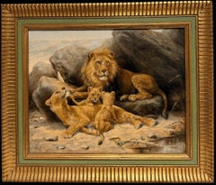 Family of Lions & Cubs in Rocky Landscape 19th Century Signed Oil Painting