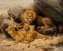 Family of Lions & Cubs in Rocky Landscape 19th Century Signed Oil Painting