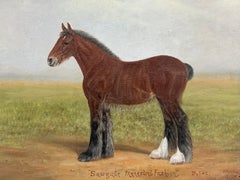 Antikes Ölporträt eines britischen Champion-Shire-Pferdes in brauner Fellfarbe, das in einer Landschaft steht