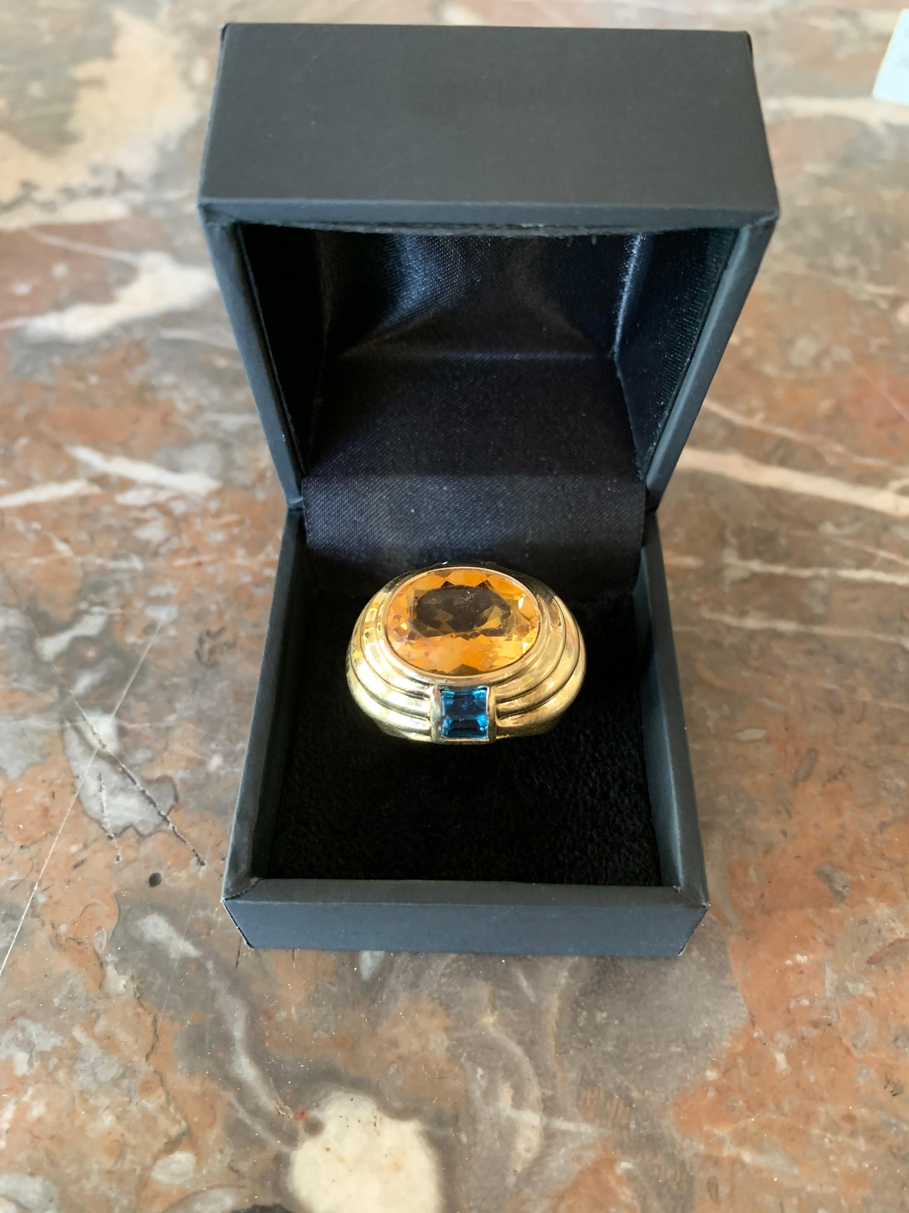 Fred Vintage Cocktail Citrine Topaz 18 Carat Yellow Gold Ring In Excellent Condition For Sale In Paris, FR