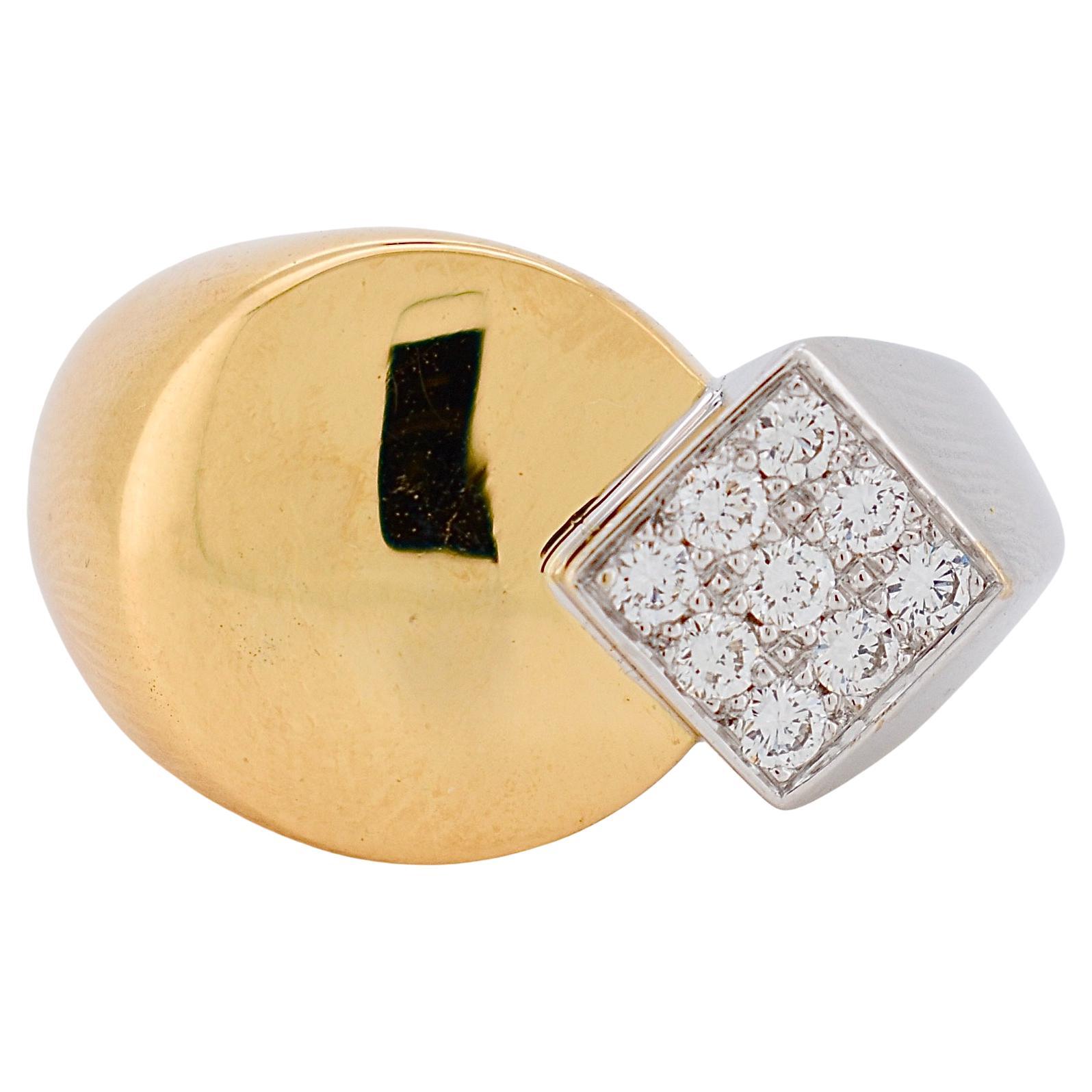 FRED Vintage Signet Ring, 18k Two-Tone Gold, Brilliant Diamonds, French Designer