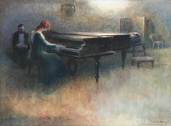 Edwardian Original Painting Lady Playing Grand Piano in Fine Interior Setting
