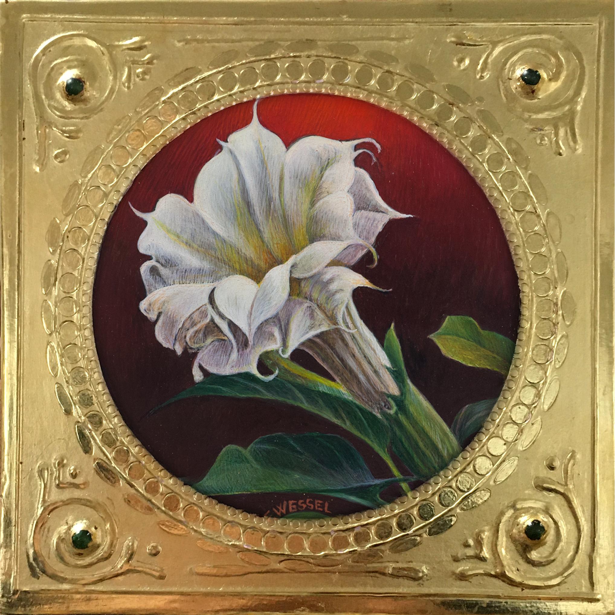 "Icone di tromba d'angelo" (2020) di Fred Wessel, tempera ad uovo su foglia d'oro