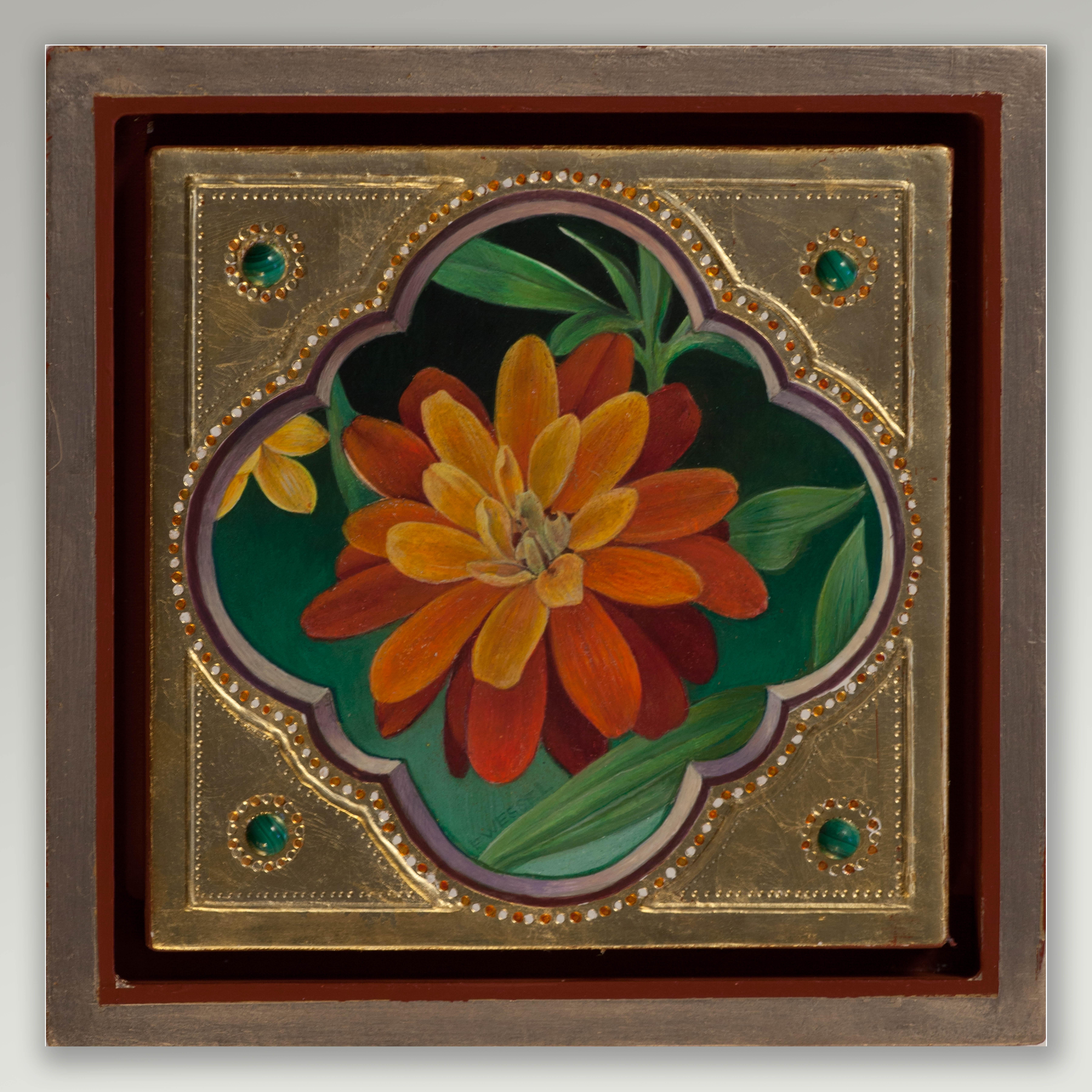 L'opera "Autumn Zinnia" di Fred Wessel è uno straordinario dipinto a tempera all'uovo su foglia d'oro con cabochon di malachite. Creato nel 2024, questo pezzo presenta uno stelo appena sbocciato di un fiore di Zinnia autunnale, tra le sue foglie e i