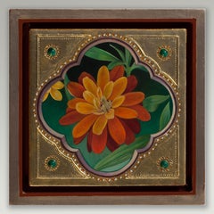 "Zinnia d'autunno" (2023) di Fred Wessel, pittura a tempera all'uovo su foglia d'oro