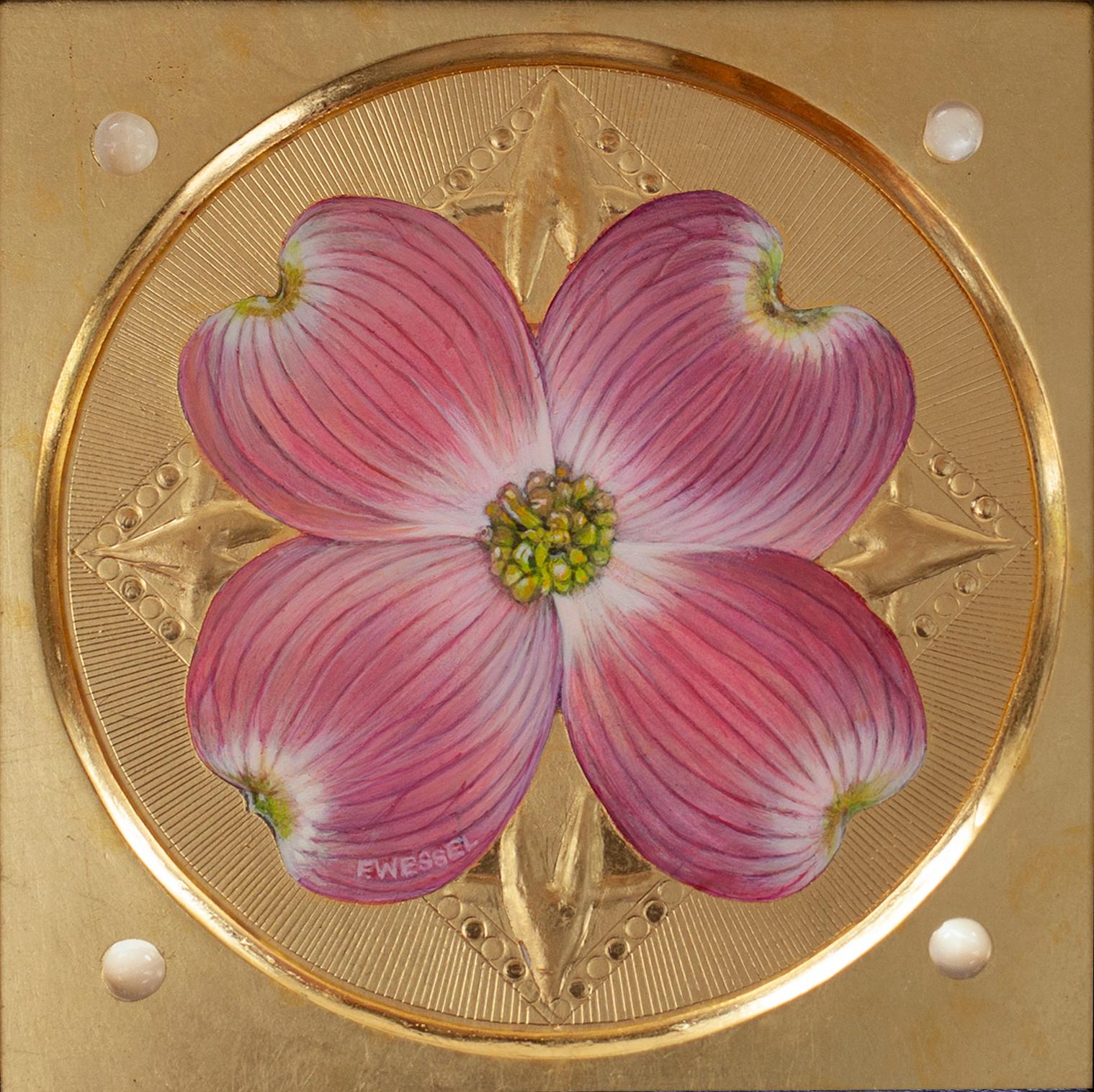 "Dogwood  Flor" (2024) de Fred Wessel, Pintura al temple sobre pan de oro