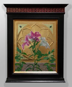 « Four Lilies » (2024) de Fred Wessel, peinture florale œuf Tempera sur feuille d'or