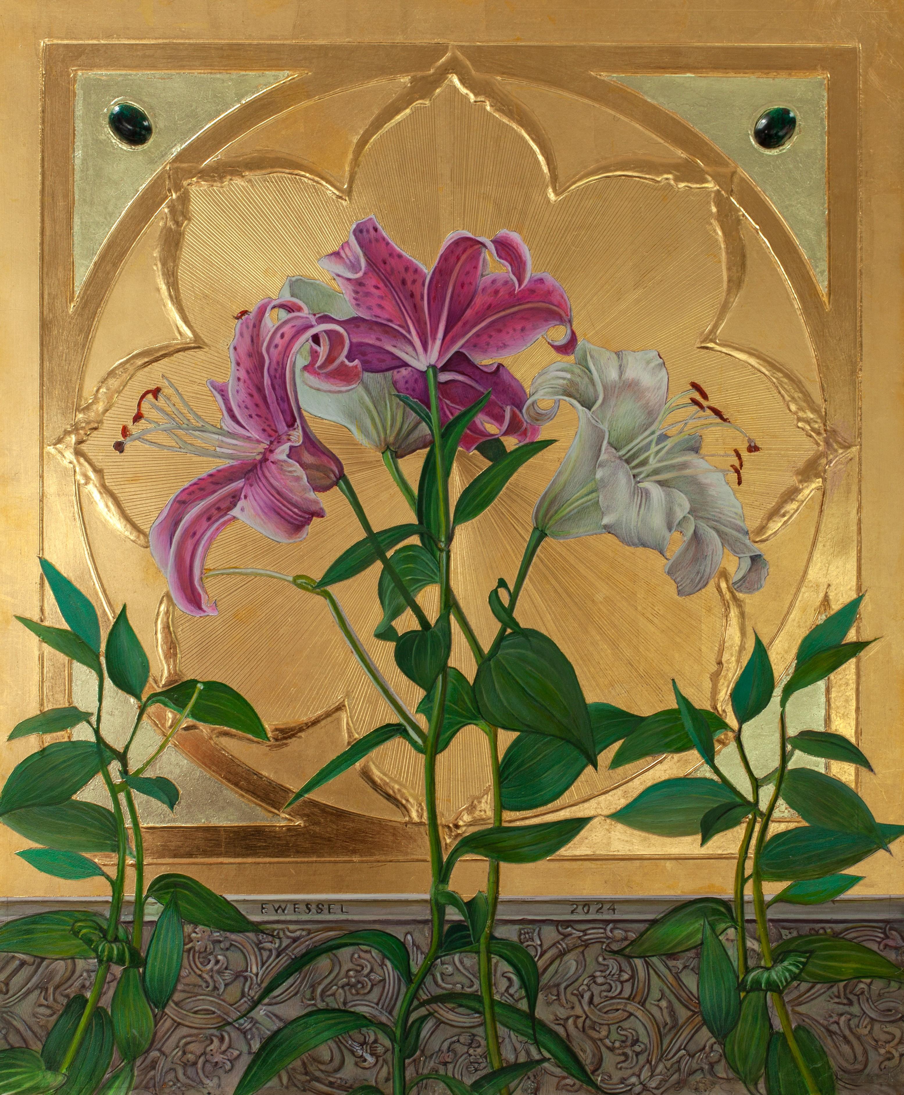 "Cuatro lirios" (2024) de Fred Wessel, Pintura floral al temple sobre pan de oro