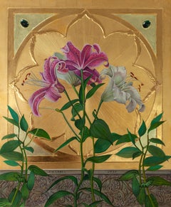"Cuatro lirios" (2024) de Fred Wessel, Pintura floral al temple sobre pan de oro