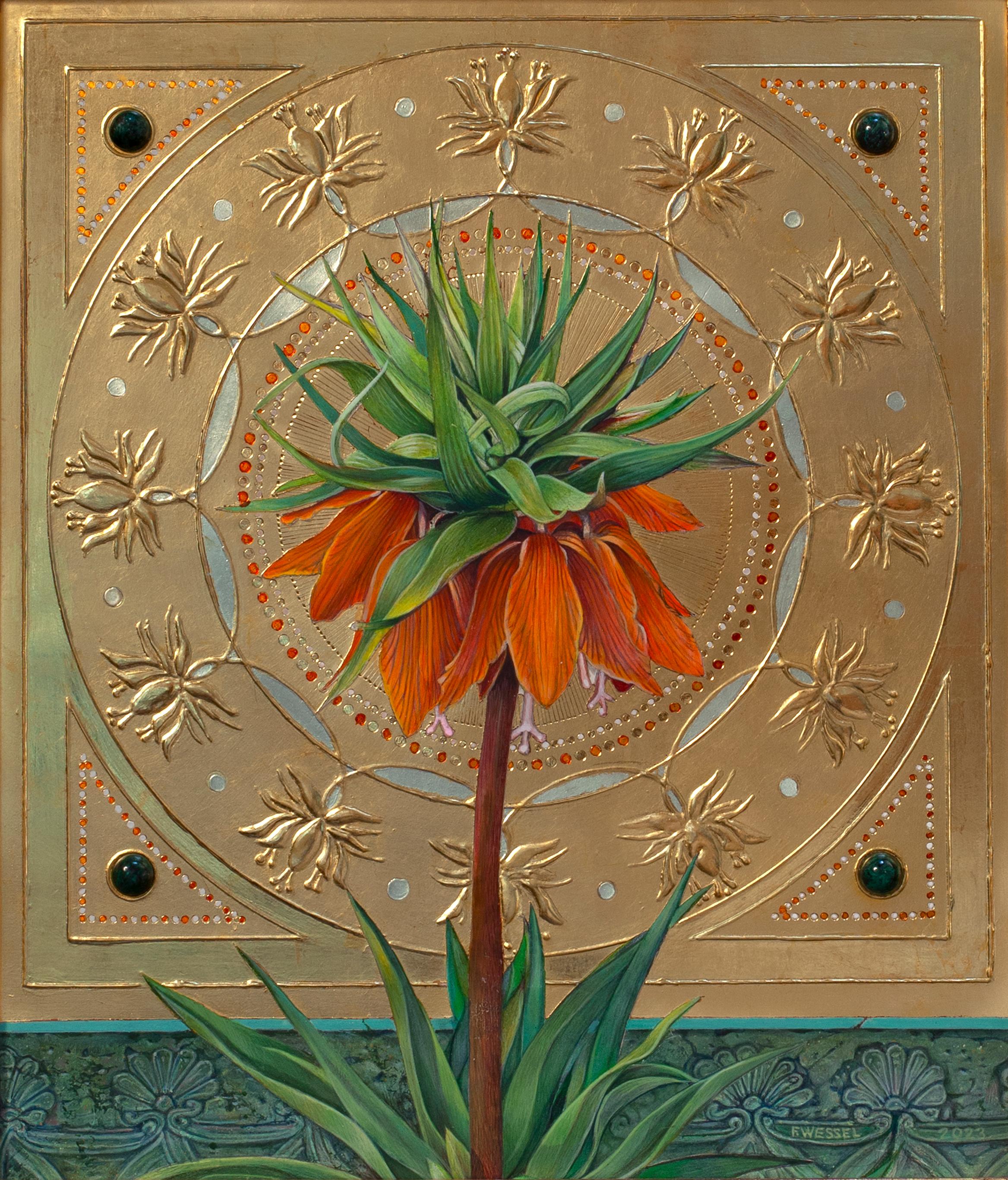 "Fritillaria Imperialis" (2023) di Fred Wessel, pittura a tempera d'uovo/foglia d'oro