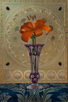 "Orange Lily - Vase violet" (2022) par Fred Wessel, peinture Tempera œuf