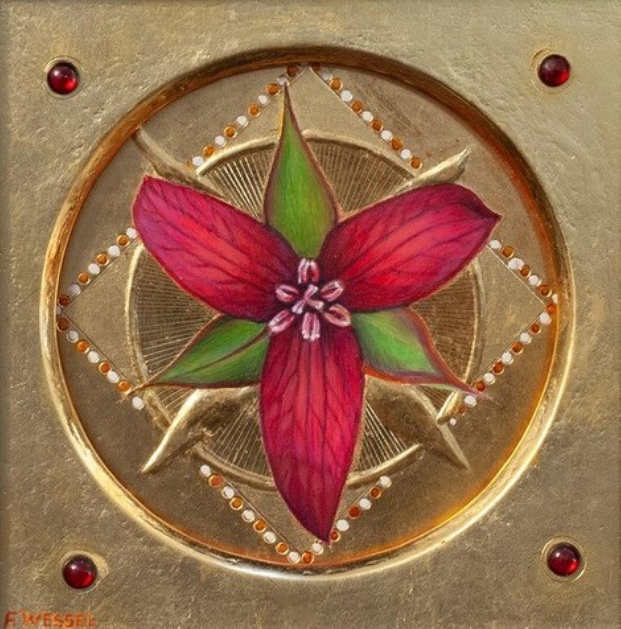 "Trillium rosso" (2024) di Fred Wessel, pittura floreale a tempera d'uovo su foglia d'oro