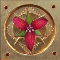 "Trillium rosso" (2024) di Fred Wessel, pittura floreale a tempera d'uovo su foglia d'oro