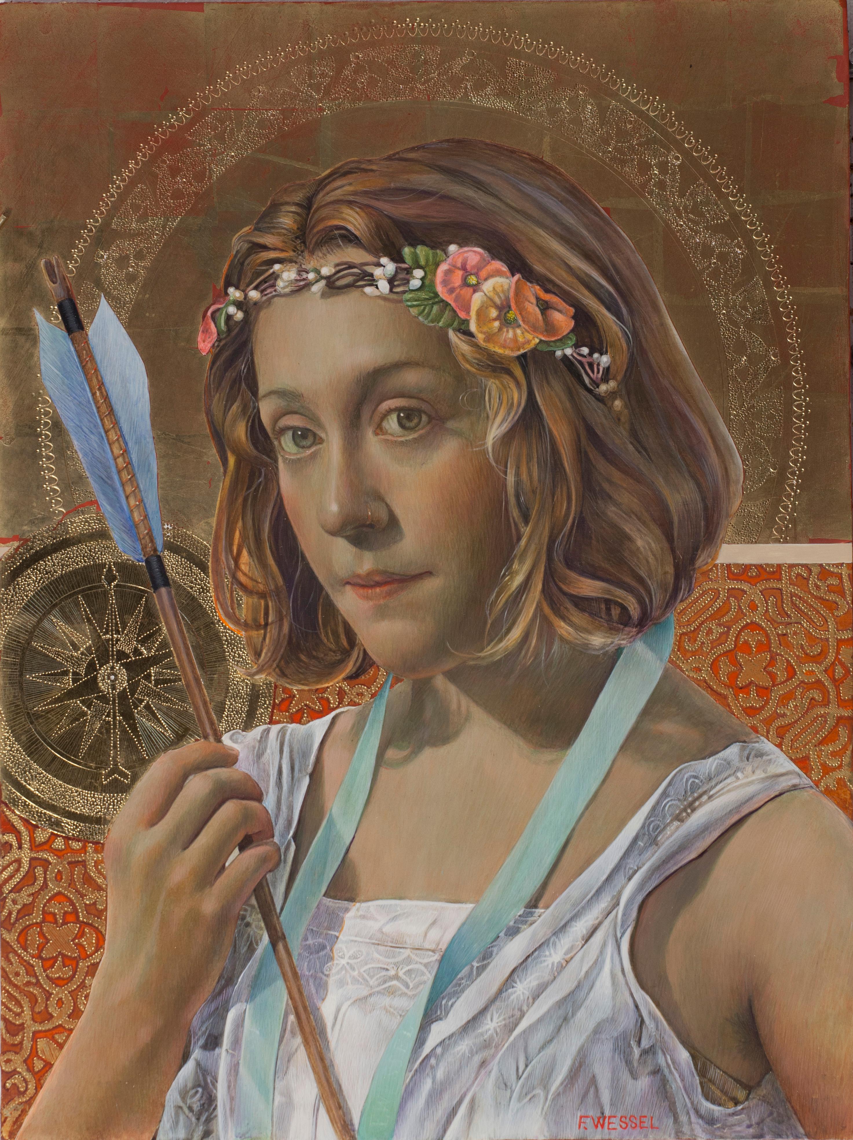Lo "Studio del Sagittario (Jeanne D'Arc)" di Fred Wessel è uno straordinario dipinto a tempera all'uovo su foglia d'oro. Creato nel 2018, questo pezzo raffigura una giovane donna, Giovanna d'Arco, che guarda avanti con forza verso lo spettatore,