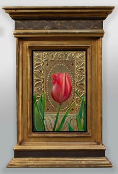 "Tulipano a strisce" (2024) di Fred Wessel, pittura a tempera all'uovo su foglia d'oro
