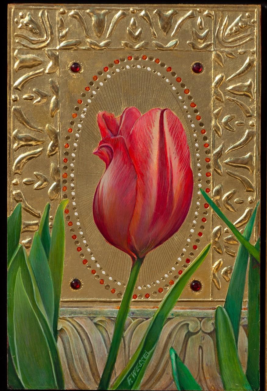 "Tulipano a strisce" (2024) di Fred Wessel, pittura a tempera all'uovo su foglia d'oro