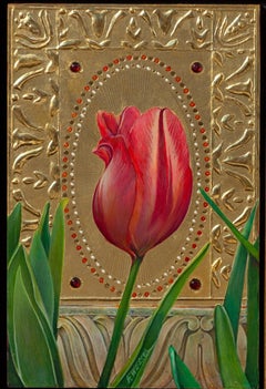 "Tulipano a strisce" (2024) di Fred Wessel, pittura a tempera all'uovo su foglia d'oro