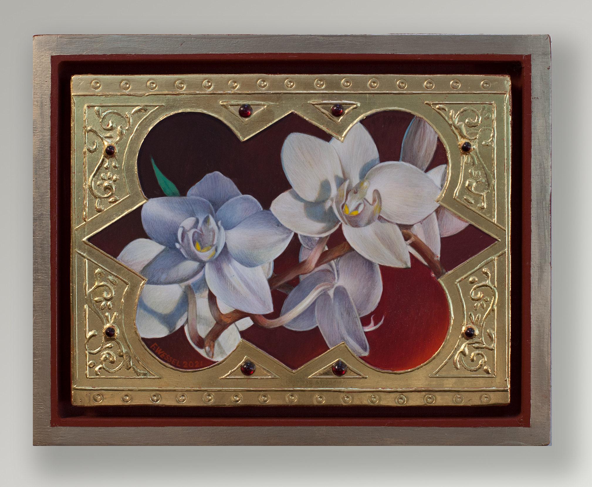 "Orquídea blanca" (2022) de Fred Wessel, pintura al temple sobre pan de oro