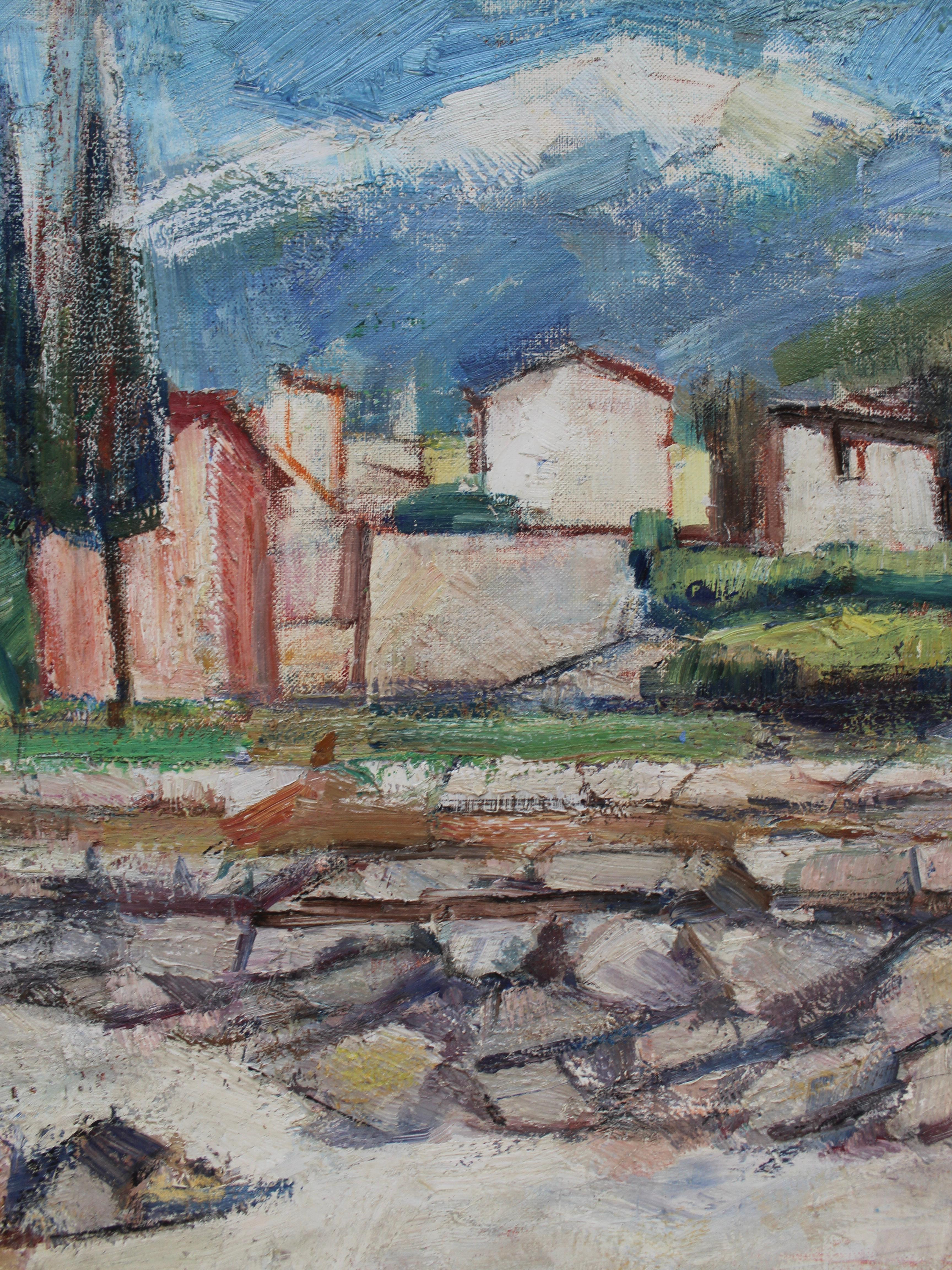 Ölgemälde auf Leinwand der italienischen Küstenstadt Navene, wunderschön eingefangen mit lockeren, ausdrucksstarken Pinselstrichen. Gemalt von dem deutschen Künstler Fred Winkler (1907-1990). Verso signiert, datiert (1978) und betitelt 