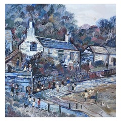 Fred Yates 'English', Oil on Board, Cornish Village Scene