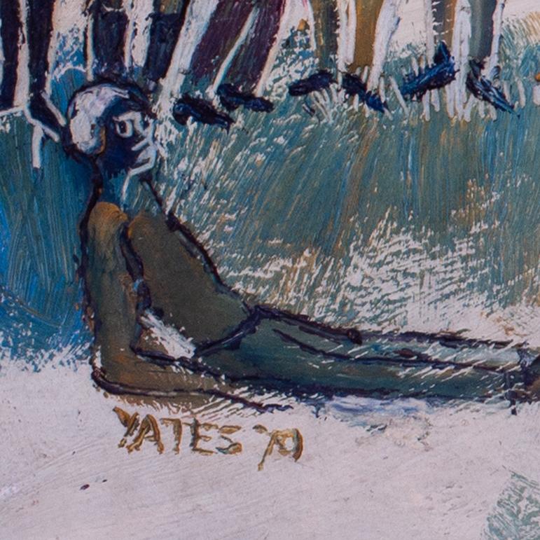 'Beach Party' dell'artista britannico del XX secolo Fred Yates, acrilico su tavola in vendita 1