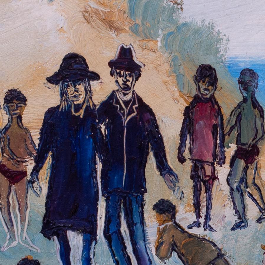 'Beach Party' dell'artista britannico del XX secolo Fred Yates, acrilico su tavola in vendita 2