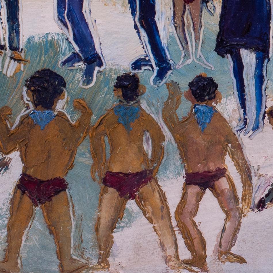 'Beach Party' dell'artista britannico del XX secolo Fred Yates, acrilico su tavola in vendita 3