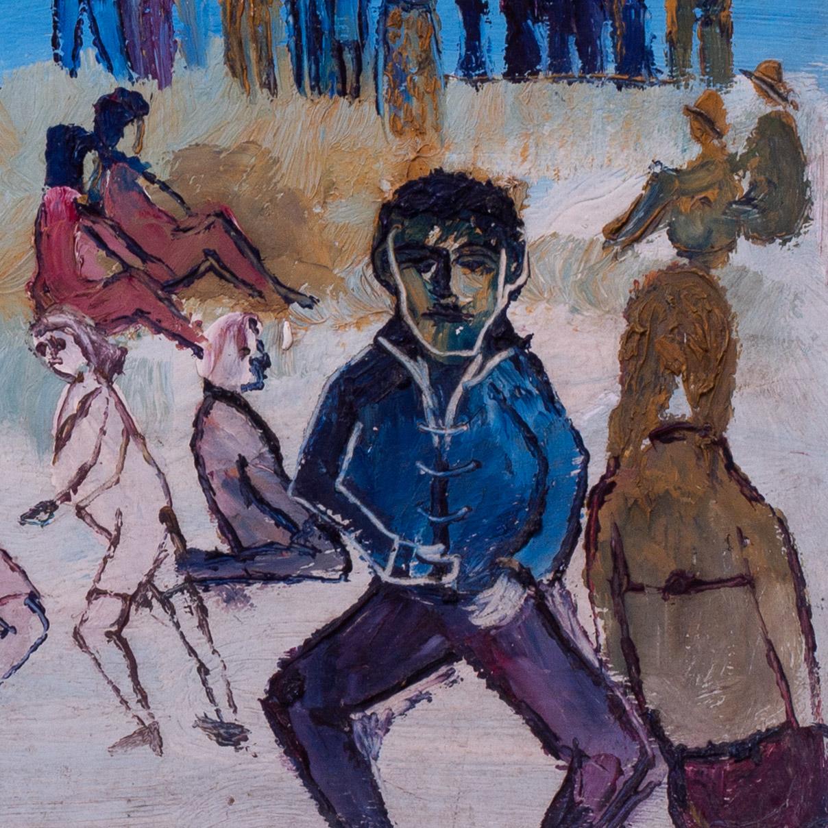 'Beach Party' dell'artista britannico del XX secolo Fred Yates, acrilico su tavola in vendita 4