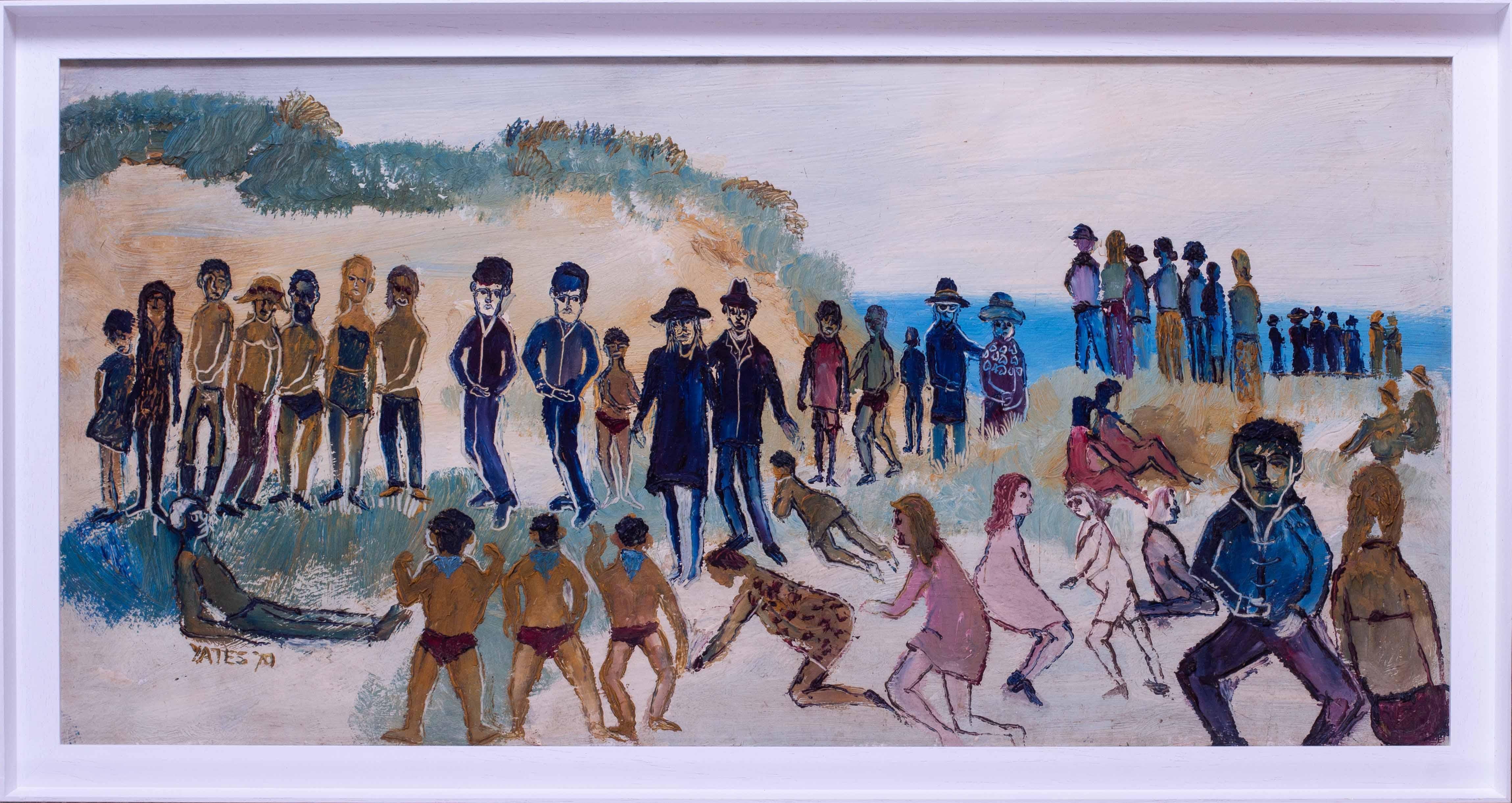 Fred Yates (britannico, 1922 - 2008)
Festa in spiaggia
Acrilico su tavola
Firmato e datato "YATES 70" (in basso a sinistra)
18 x 36 in. (45.7 x 91.5 cm.)
Provenienza: Proprietà di Fred Yates, deceduto.


Fred Yates è nato a Urmston, Lancashire,