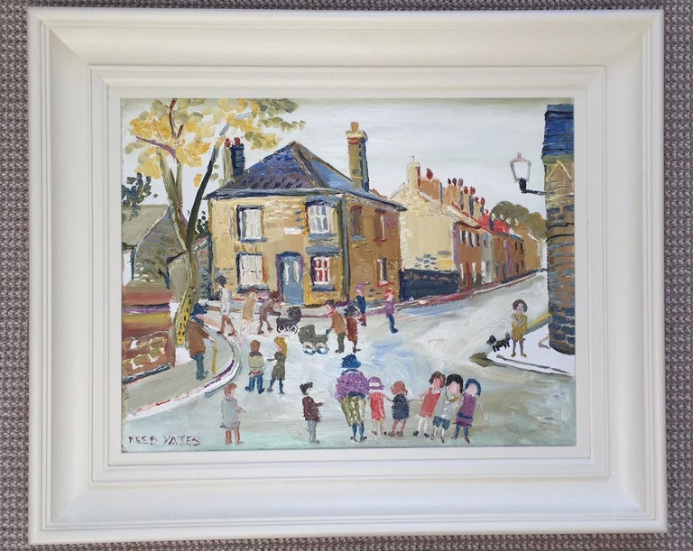Fred Yates Day out, Cambridge, naive, figurative oil painting by Fred Yates, c. 1985 For Sale
