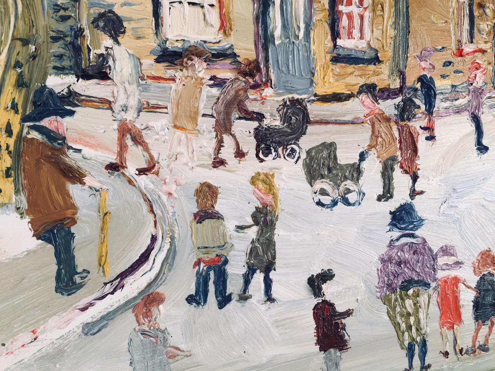 Day out, Cambridge, naive, figurative oil painting by Fred Yates, c. 1985 For Sale 1