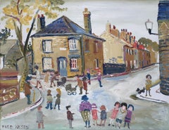 Day out, Cambridge, naive, figurative oil painting by Fred Yates, c. 1985