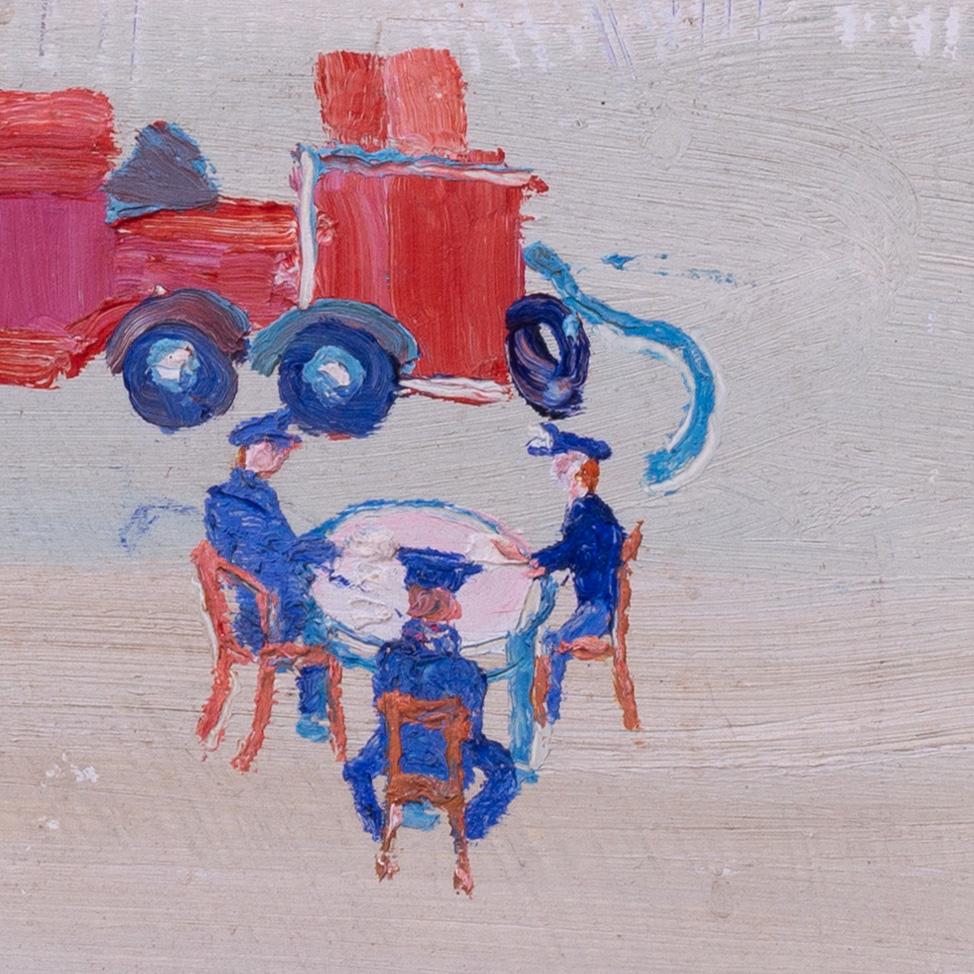 'Esercitazione antincendio' di Fred Yates, artista britannico del XX secolo, acrilico su tavola, moderno in vendita 3