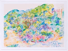 Large, fresh landscape watercolour by Cornish artist Fred Yates or summer garden