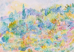 Large landscape watercolour by Cornish artist Fred Yates of sunrise over forest