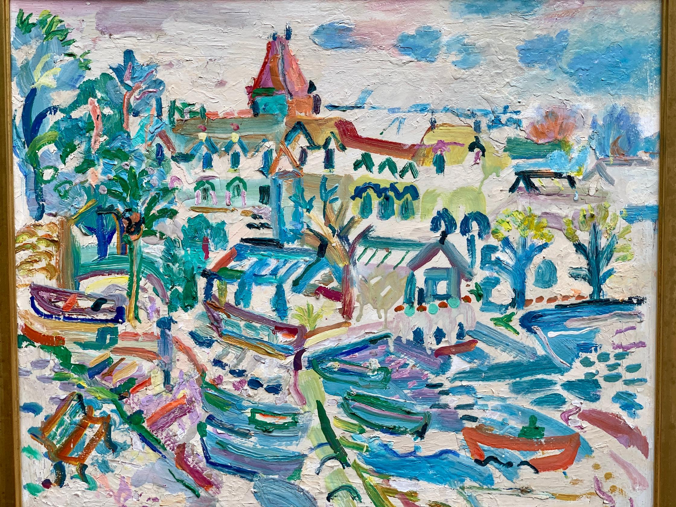 Modern British Fauve style harbor landscape with boats, Church and  Village - Painting by Fred Yates
