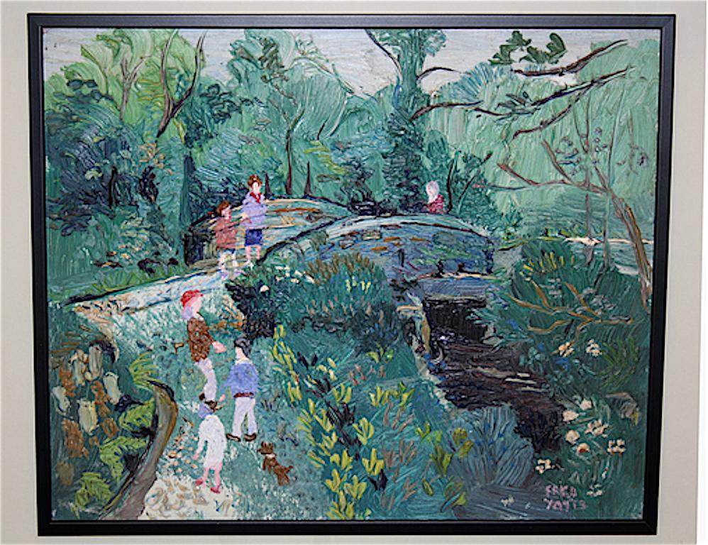 On the Bridge A Landscape with figures Modern 20th Century - Painting by Fred Yates