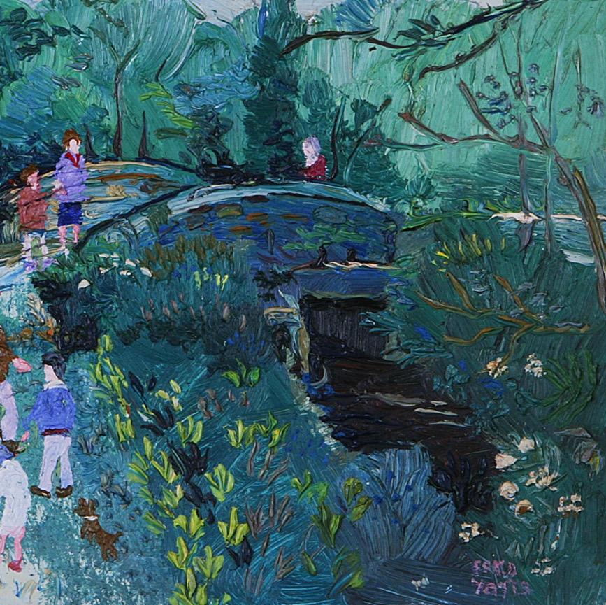 On the Bridge A Landscape with figures Modern 20th Century - Blue Landscape Painting by Fred Yates
